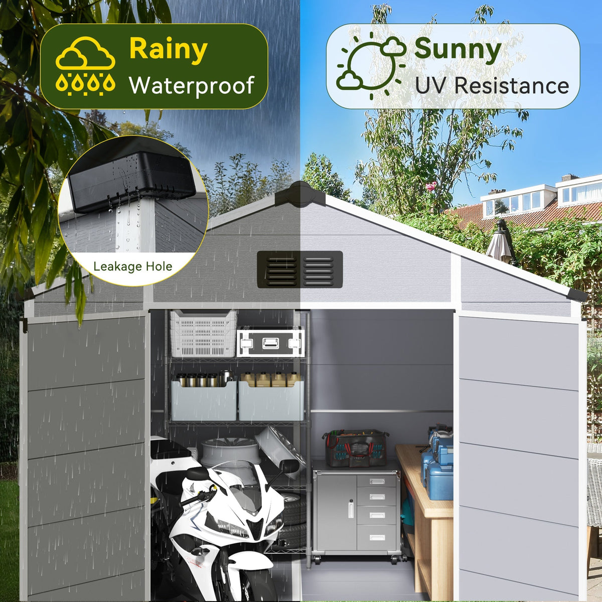 8x10 FT Outdoor Storage Shed, Weather-Resistant Shed with Lockable Double Doors & Built-In Floor, Sloped Roof Outdoor Shed for Backyard, Patio & Lawn, Gray
