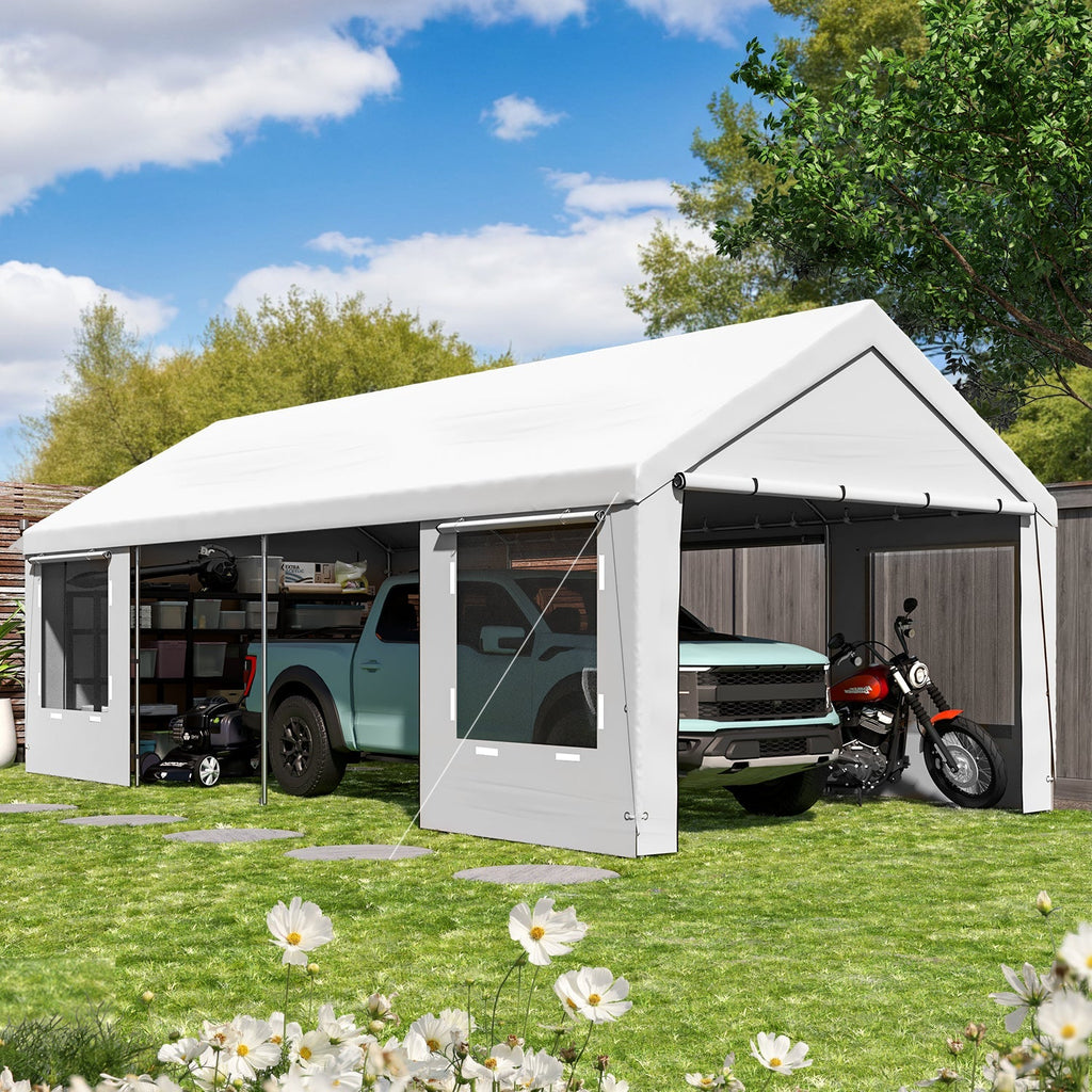 EROMMY 12' x 24' Heavy Duty Carport，Portable Garage with UV Protection & Steel Frame, Car Port with Removable Sidewalls, All-Season Car Canopy for Tractor, Truck, Boat, White