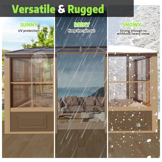 EROMMY 10X12 Wall Mounted Sunroom with Prefab 4-season Design – Brown