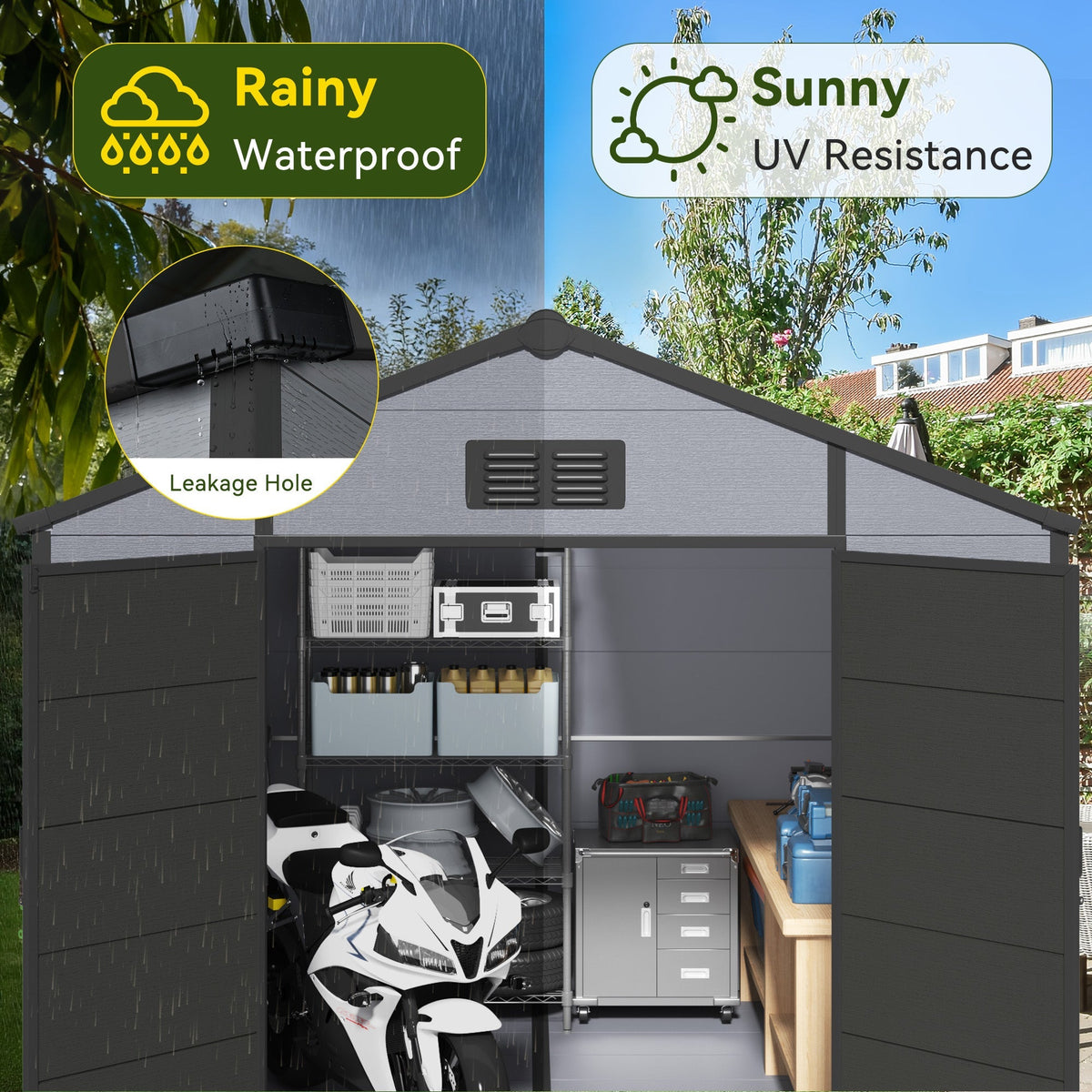 8x10 FT Outdoor Storage Shed, Weather-Resistant Shed with Lockable Double Doors & Built-In Floor, Sloped Roof Outdoor Shed for Backyard, Patio & Lawn, Black