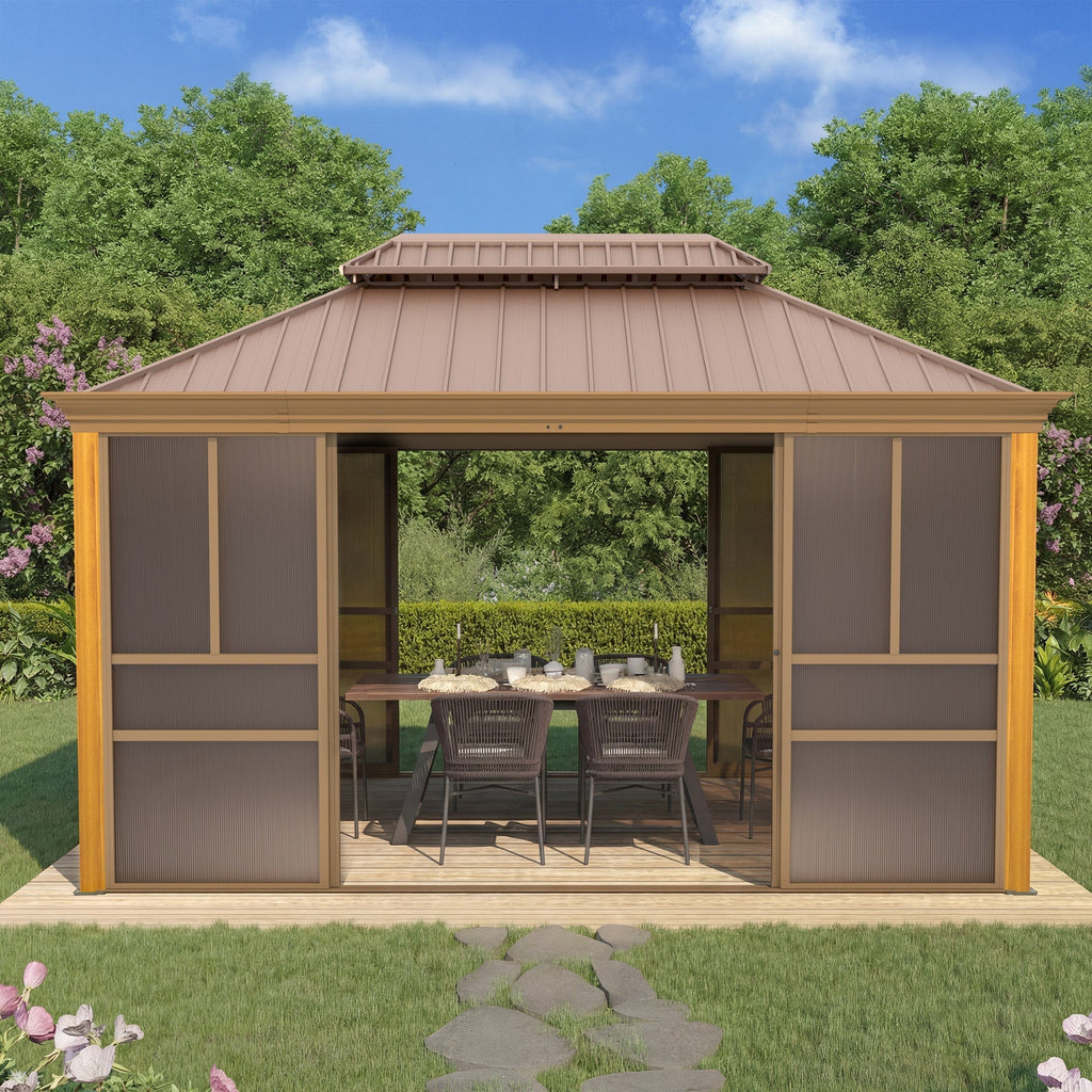 EROMMY 12'*14' Sunroom, with Front Door, Side Entrance, Galvanized Steel Double Top, Wood Grain Appearance, Aluminum Alloy Frame, Solarium Backyard Sun Room