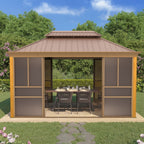EROMMY 12'*14' Sunroom, with Front Door, Side Entrance, Galvanized Steel Double Top, Wood Grain Appearance, Aluminum Alloy Frame, Solarium Backyard Sun Room