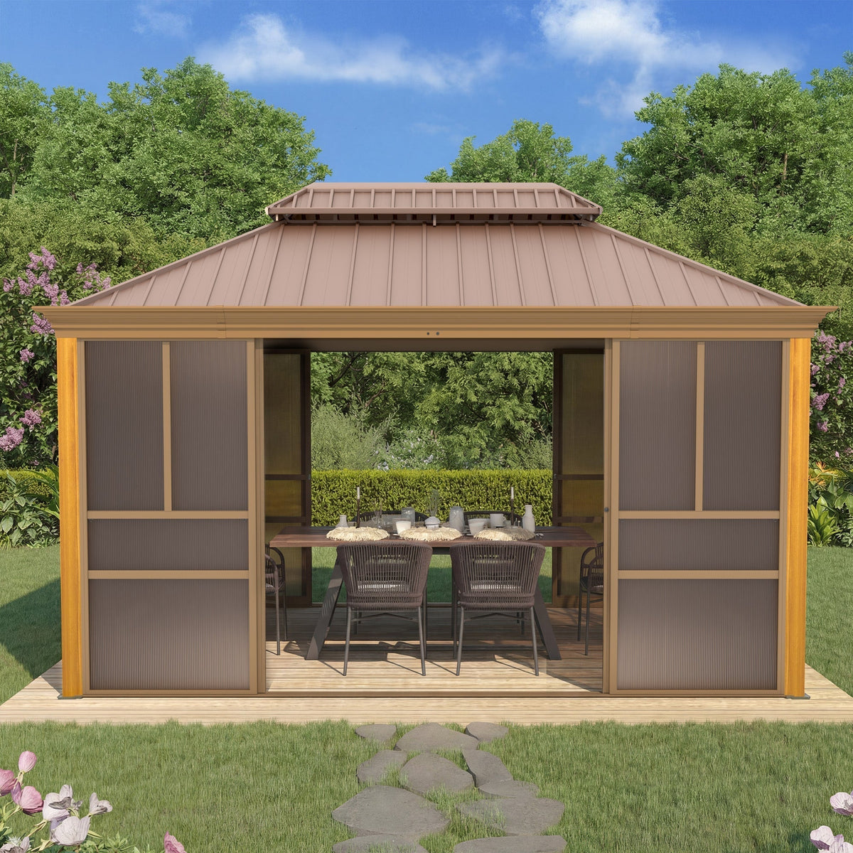 EROMMY 12'*14' Sunroom, with Front Door, Side Entrance, Galvanized Steel Double Top, Wood Grain Appearance, Aluminum Alloy Frame, Solarium Backyard Sun Room