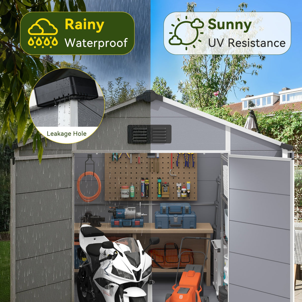 8x12 FT Outdoor Storage Shed, Weather-Resistant Shed with Lockable Double Doors & Built-In Floor, Sloped Roof Outdoor Shed for Backyard, Patio & Lawn, Gray