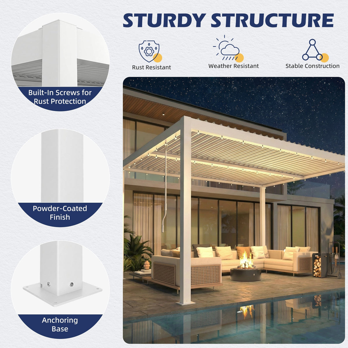 EROMMY 10' x 12' Outdoor Pergola with Adjustable Louvered Roof & Integrated Drainage, Heavy-Duty Metal Louvered Pergola for Patios, White