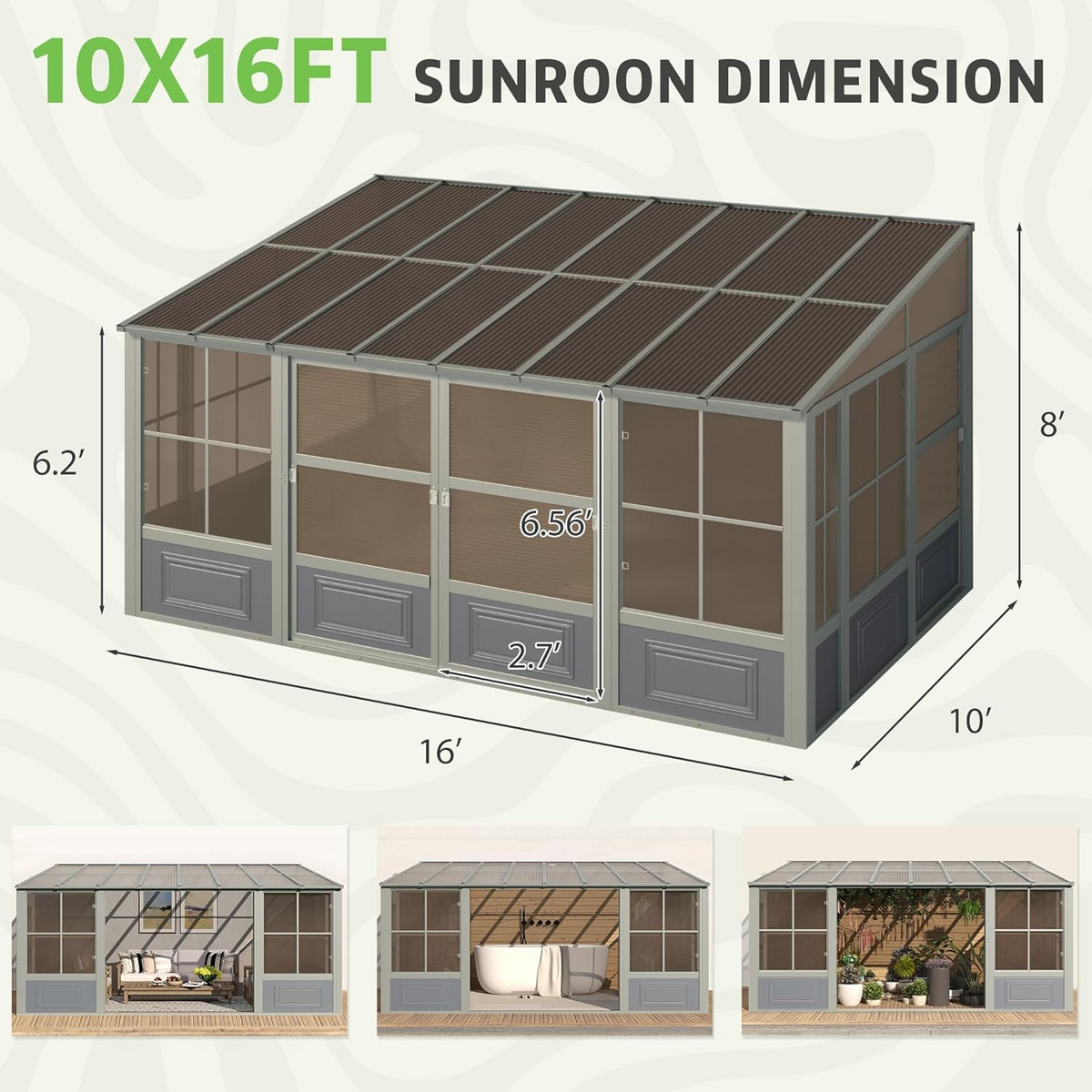 EROMMY 10X16 Lean to Sunroom for Backyard – Grey
