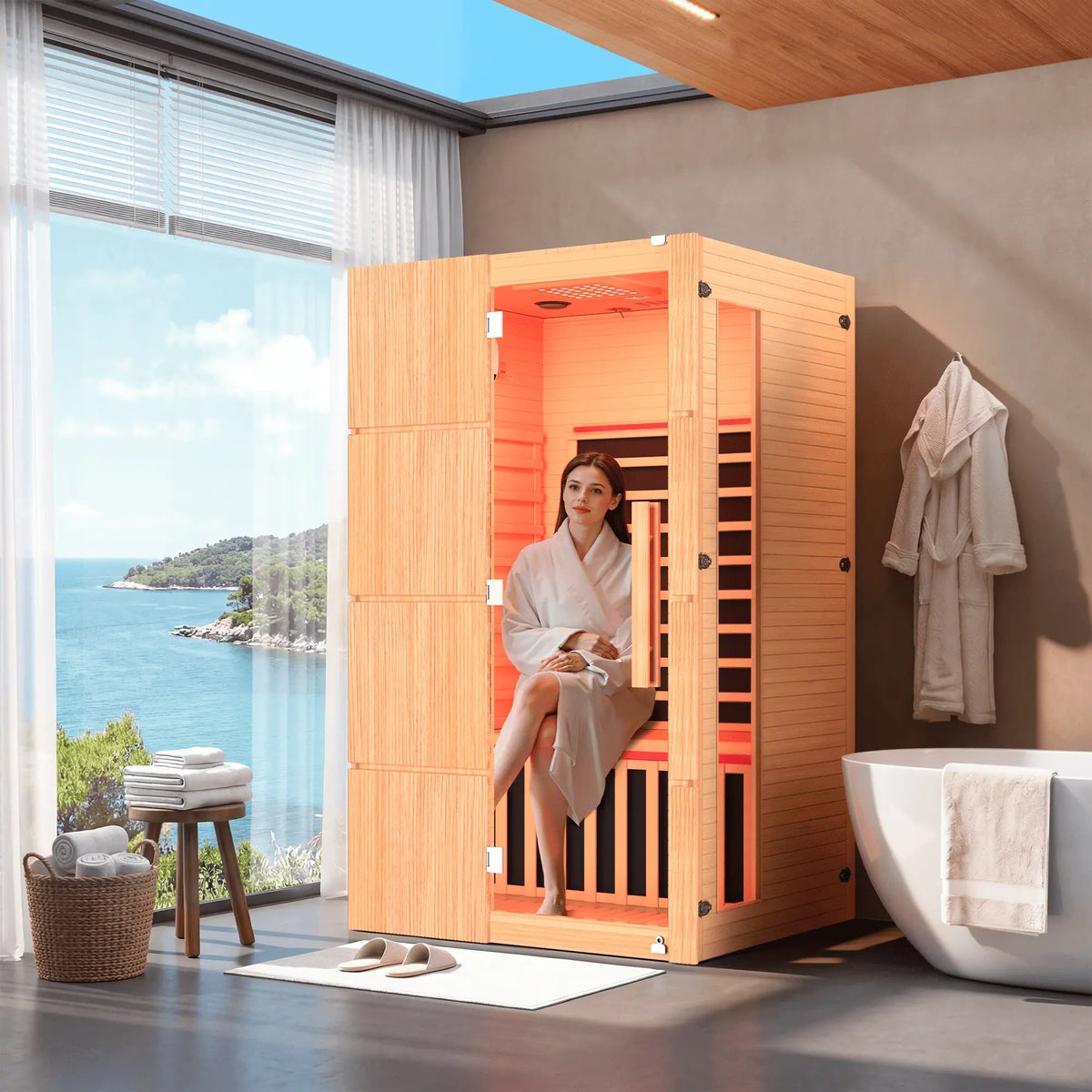 EROMMY 2-Person Indoor Infrared Sauna for Home, Far Infrared Sauna with Red Light Therapy, Chromotherapy Lighting, 6 Carbon Heaters & Bluetooth Speaker, Natural Wood