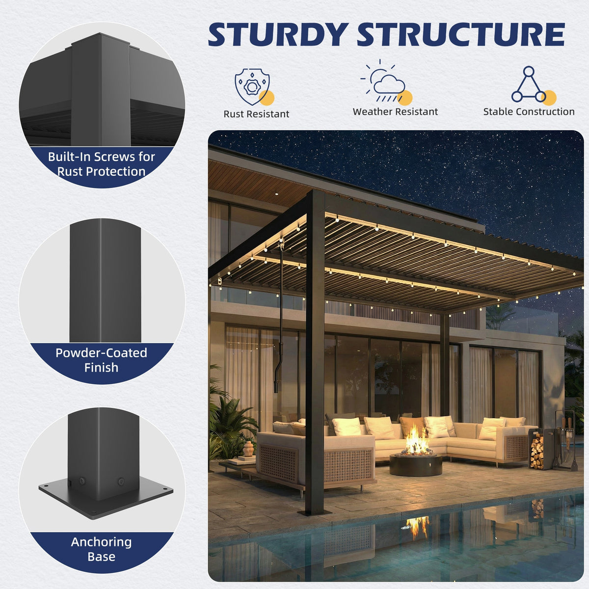EROMMY 10' x 12' Outdoor Pergola with Adjustable Louvered Roof & Integrated Drainage, Heavy-Duty Metal Louvered Pergola for Patios, Black