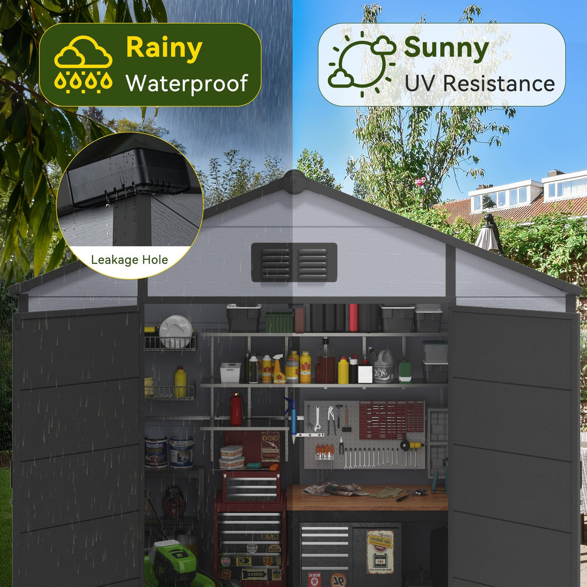 8x8 FT Outdoor Storage Shed, Weather-Resistant Shed with Lockable Double Doors & Built-In Floor, Sloped Roof Outdoor Shed for Backyard, Patio & Lawn, Black