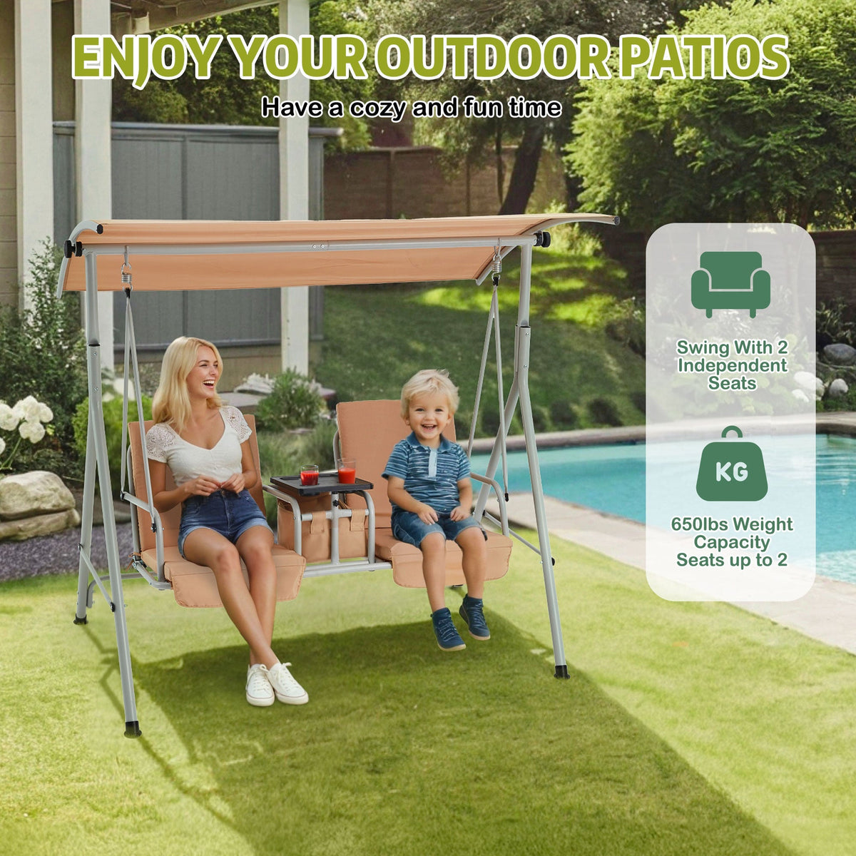 EROMMY 2-Person Outdoor Swing with Canopy, Storage Table, Cooler Bag & Cushions – Beige