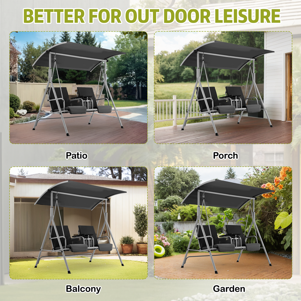 EROMMY 2-Person Outdoor Swing with Canopy, Storage Table, Cooler Bag & Cushions – Black