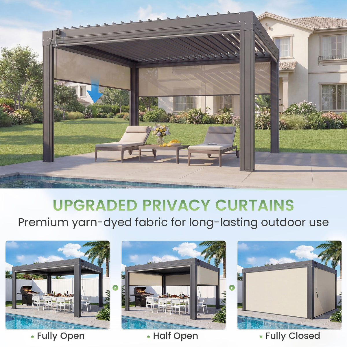 EROMMY 12' x 12' Louvered Pergola with Pull-Down Screens, Aluminum Outdoor Pergola with Retractable Roof for Patios, Decks & Backyards, Black