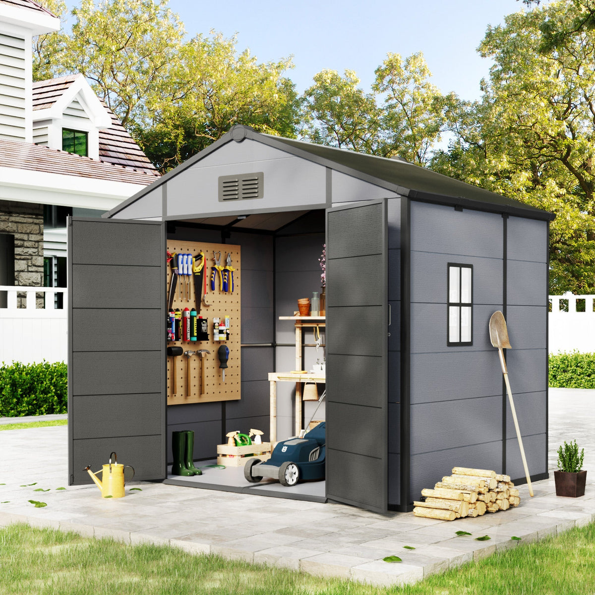 8x6 FT Outdoor Storage Shed, Weather-Resistant Shed with Lockable Double Doors & Built-In Floor, Sloped Roof Outdoor Shed for Backyard, Patio & Lawn, Black