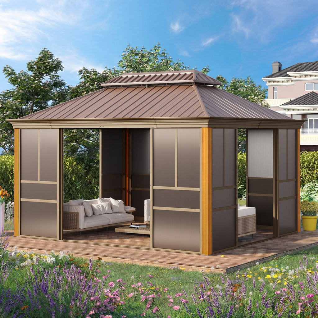 EROMMY 12'*14' Sunroom, with Front Door, Side Entrance, Galvanized Steel Double Top, Wood Grain Appearance, Aluminum Alloy Frame, Solarium Backyard Sun Room