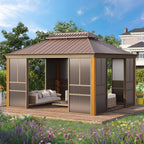 EROMMY 12'*14' Sunroom, with Front Door, Side Entrance, Galvanized Steel Double Top, Wood Grain Appearance, Aluminum Alloy Frame, Solarium Backyard Sun Room