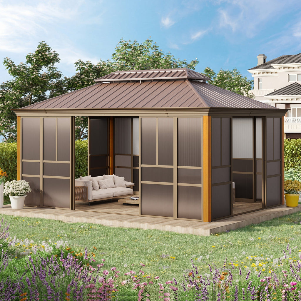 EROMMY 12'*16' Sunroom, with Front Door, Side Entrance, Galvanized Steel Double Top, Wood Grain Appearance, Aluminum Alloy Frame, Solarium Backyard Sun Room