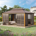 EROMMY 12'*16' Sunroom, with Front Door, Side Entrance, Galvanized Steel Double Top, Wood Grain Appearance, Aluminum Alloy Frame, Solarium Backyard Sun Room