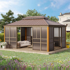EROMMY 12'*16' Sunroom, with Front Door, Side Entrance, Galvanized Steel Double Top, Wood Grain Appearance, Aluminum Alloy Frame, Solarium Backyard Sun Room