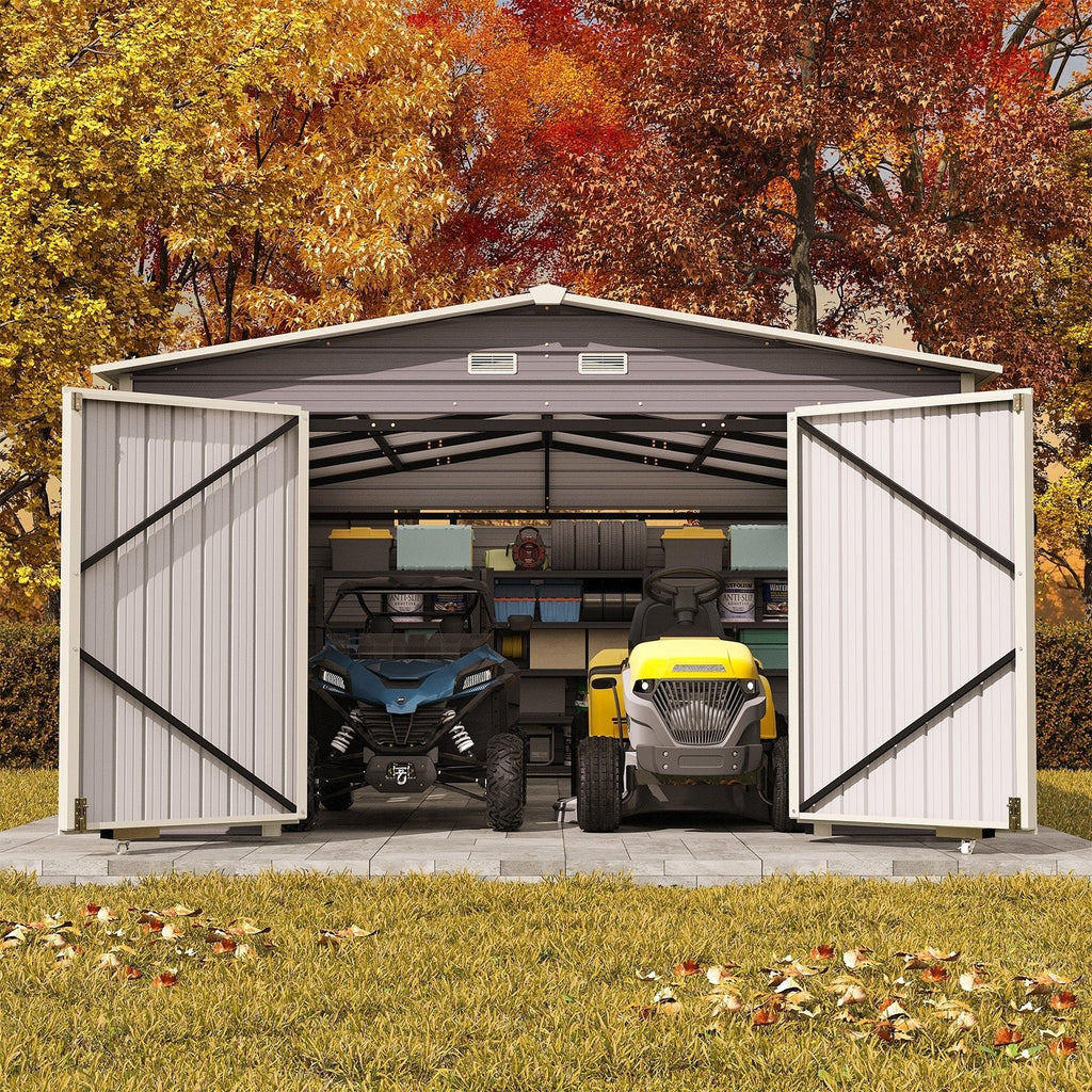 EROMMY 14x24 FT Heavy Duty Carport - Galvanized Steel Frame Car Shelter with Reinforced Base, Enclosed Storage Shed for Cars & Trucks, Grey