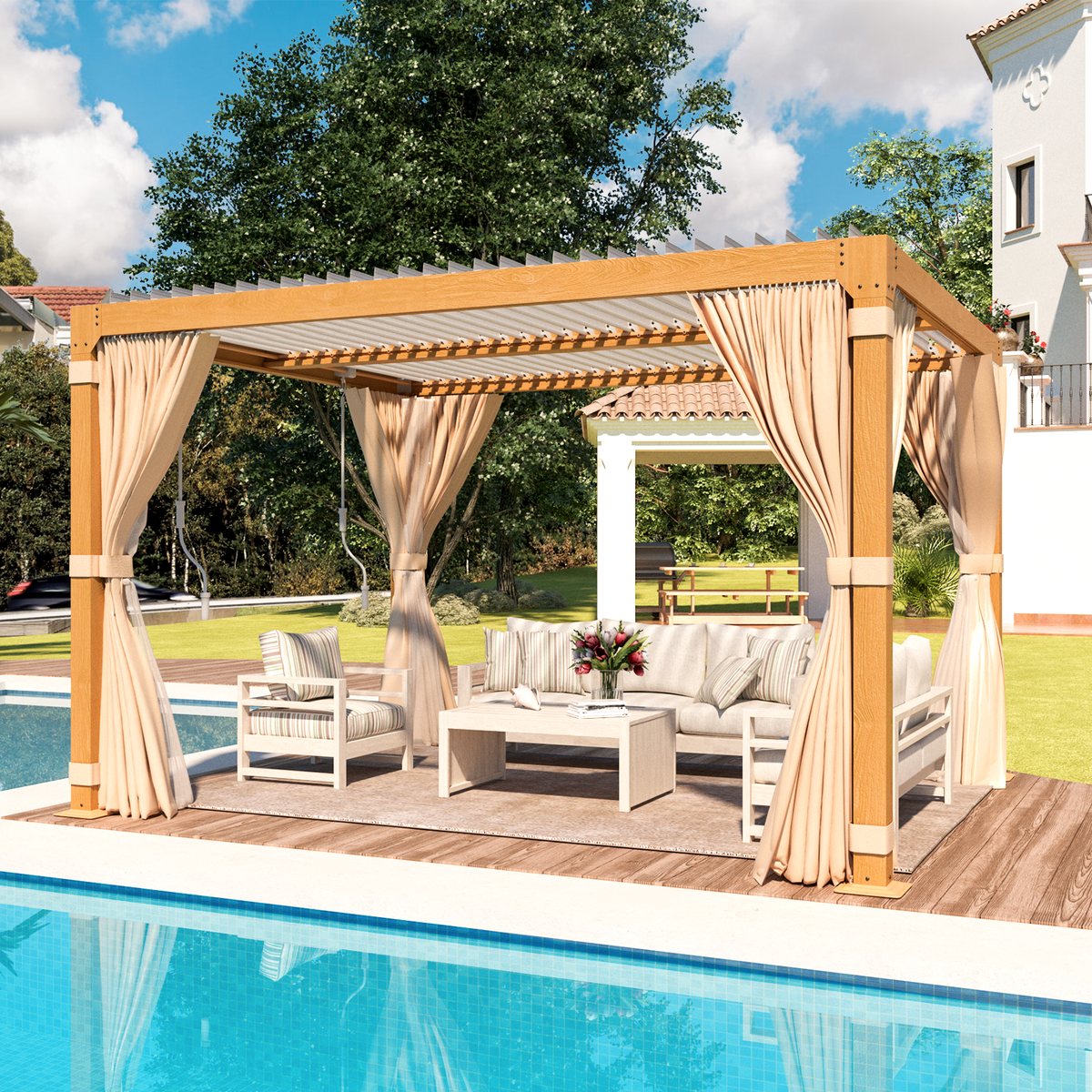 EROMMY 10X12 Pergola with Adjustable Louvered Roof  – Wood Grain