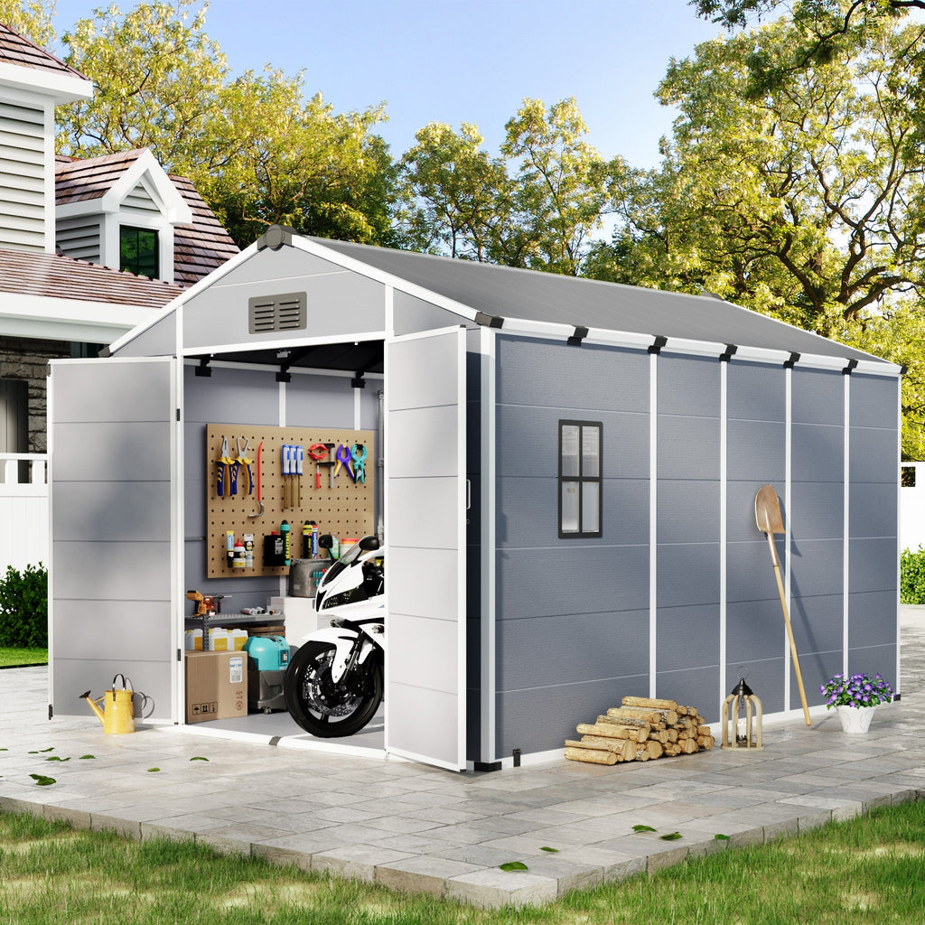 8x12 FT Outdoor Storage Shed, Weather-Resistant Shed with Lockable Double Doors & Built-In Floor, Sloped Roof Outdoor Shed for Backyard, Patio & Lawn, Gray