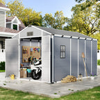 8x12 FT Outdoor Storage Shed, Weather-Resistant Shed with Lockable Double Doors & Built-In Floor, Sloped Roof Outdoor Shed for Backyard, Patio & Lawn, Gray