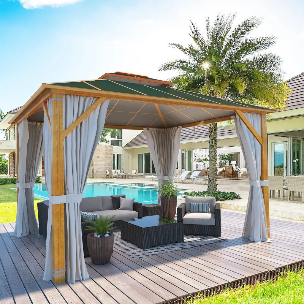 EROMMY 10'x12' Gazebo, Outdoor Wood Grain Hardtop Gazebos, Aluminum Composite Double Roof with Privacy Curtain and Mosquito Net Green