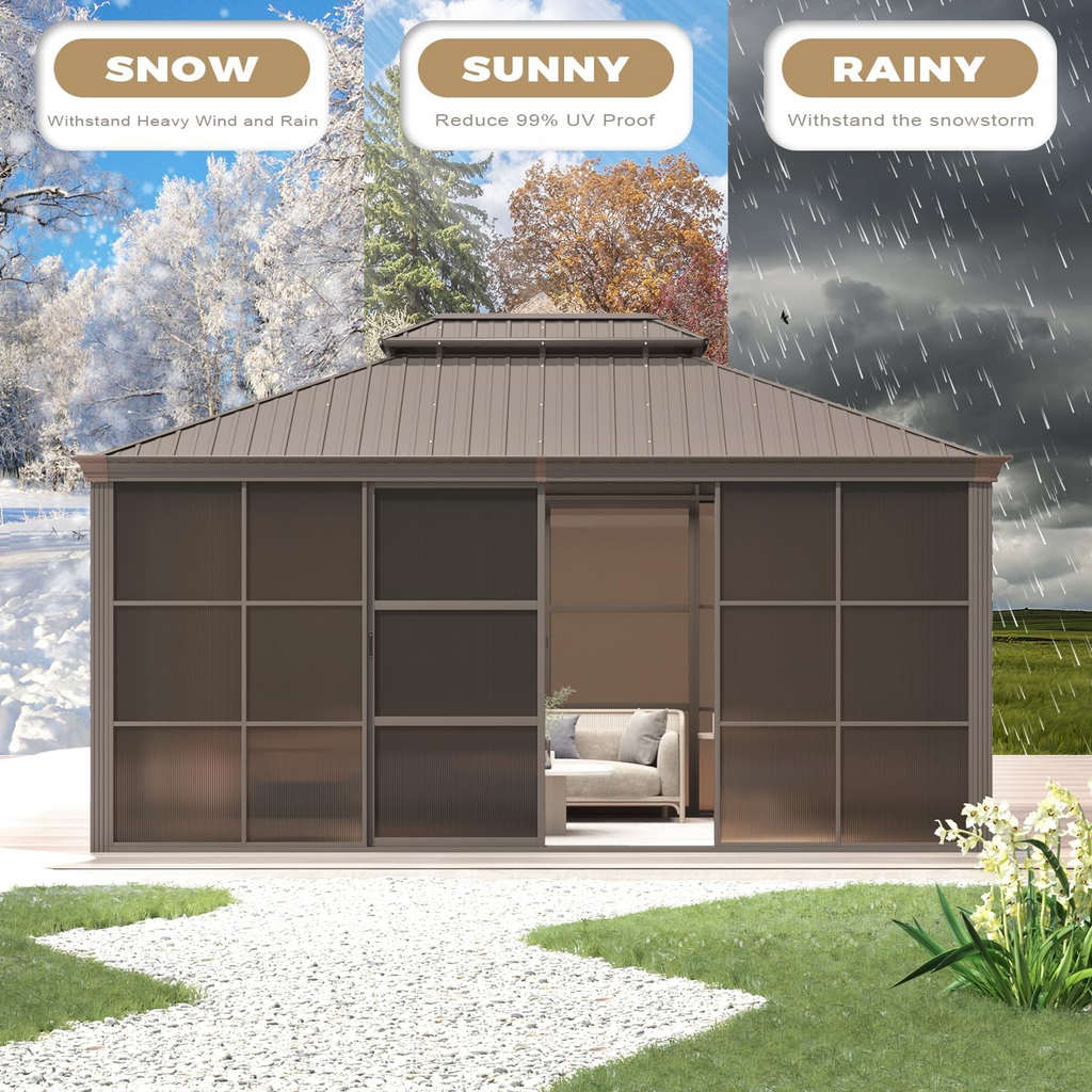 EROMMY 12X16 Enclosed Gazebo for All Season with Sliding Door – Brown
