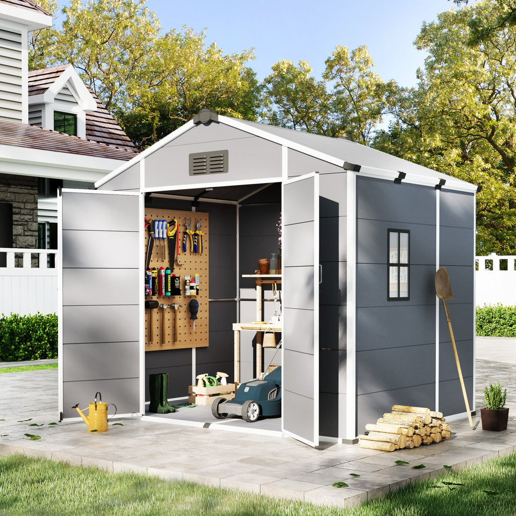 8x6 FT Outdoor Storage Shed, Weather-Resistant Shed with Lockable Double Doors & Built-In Floor, Sloped Roof Outdoor Shed for Backyard, Patio & Lawn, Gray