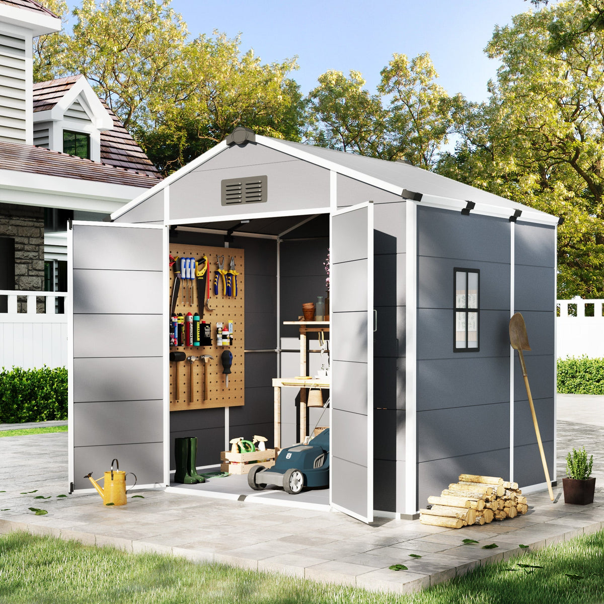 8x6 FT Outdoor Storage Shed, Weather-Resistant Shed with Lockable Double Doors & Built-In Floor, Sloped Roof Outdoor Shed for Backyard, Patio & Lawn, Gray