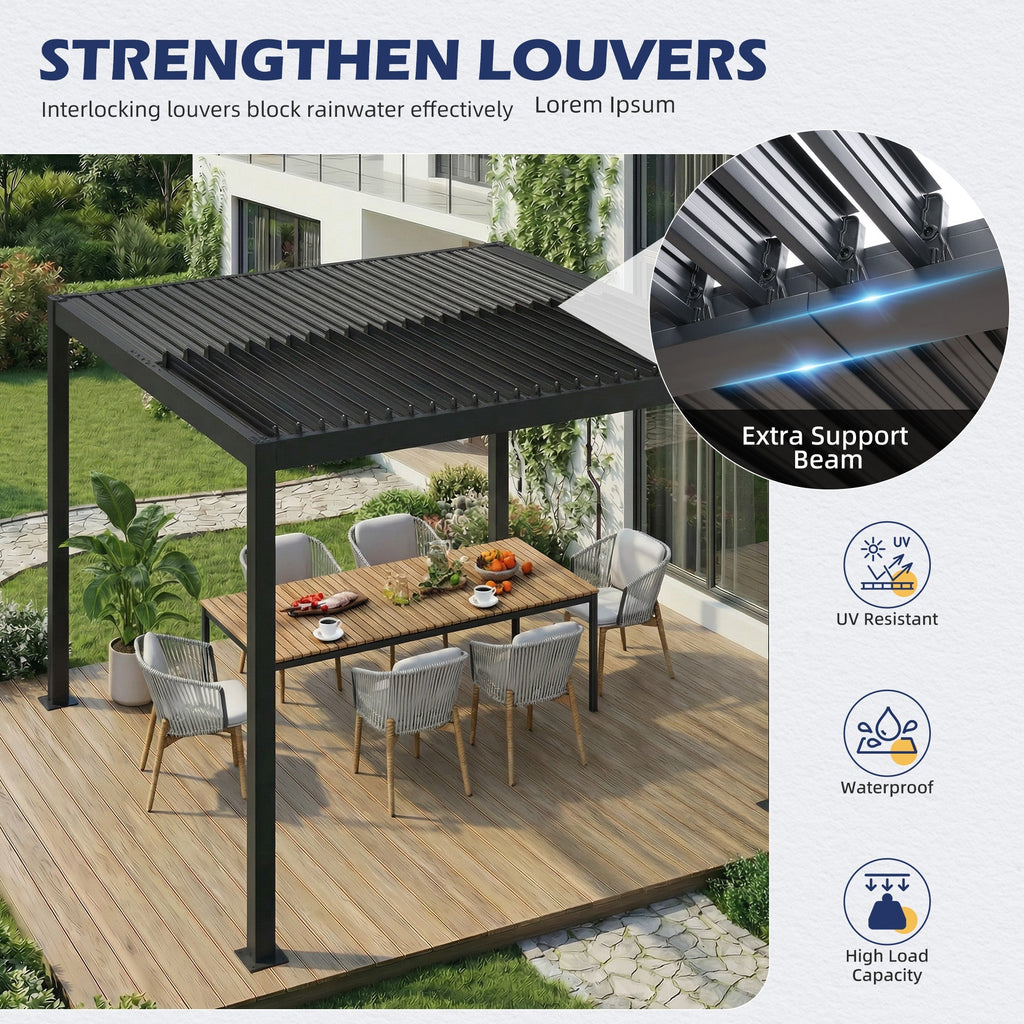 EROMMY 10' x 10' Outdoor Pergola with Adjustable Louvered Roof & Integrated Drainage, Heavy-Duty Metal Louvered Pergola for Patios, Black