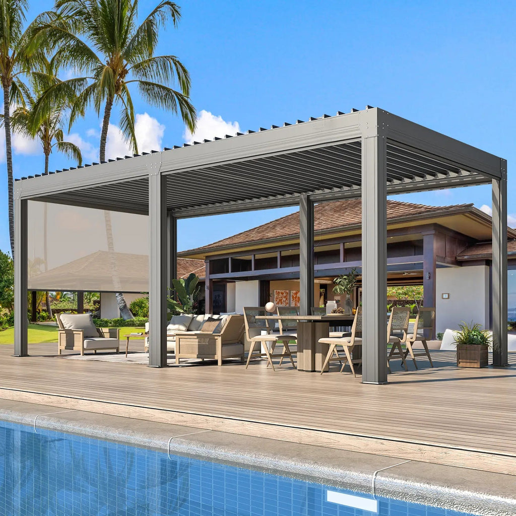 EROMMY 10x20 Aluminum Louvered Pergola with Pull-down Screen – Grey