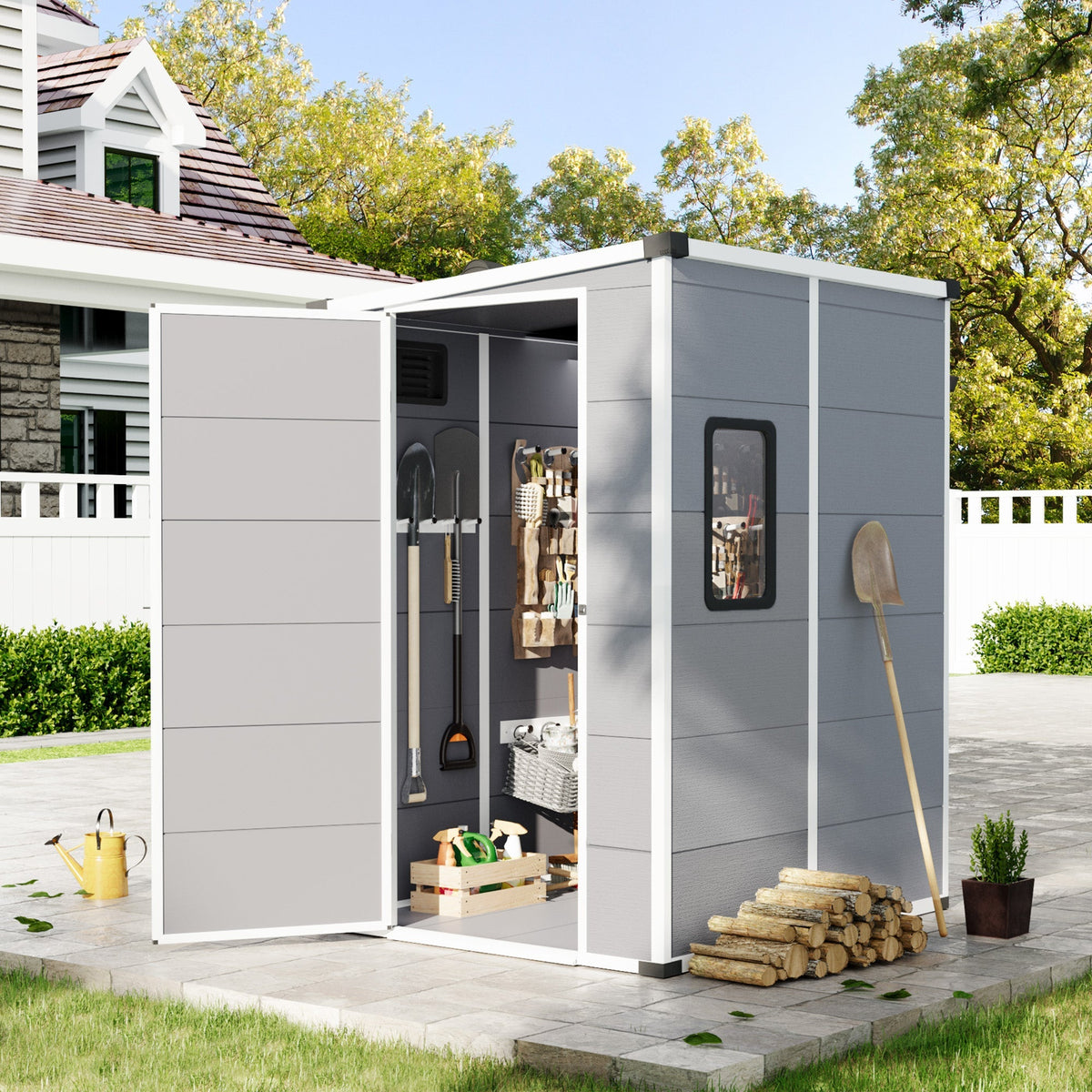 4x5 FT Outdoor Storage Shed, Weather-Resistant Shed with Lockable Double Doors & Built-In Floor, Sloped Roof Outdoor Shed for Backyard, Patio & Lawn, Gray