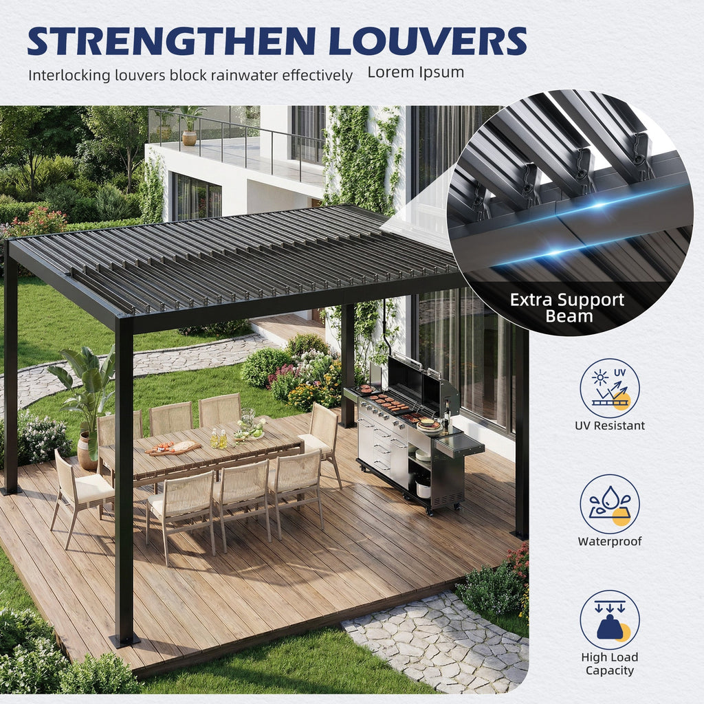 EROMMY 10' x 12' Outdoor Pergola with Adjustable Louvered Roof & Integrated Drainage, Heavy-Duty Metal Louvered Pergola for Patios, Black