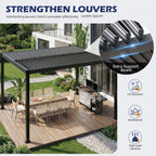 EROMMY 10' x 12' Outdoor Pergola with Adjustable Louvered Roof & Integrated Drainage, Heavy-Duty Metal Louvered Pergola for Patios, Black