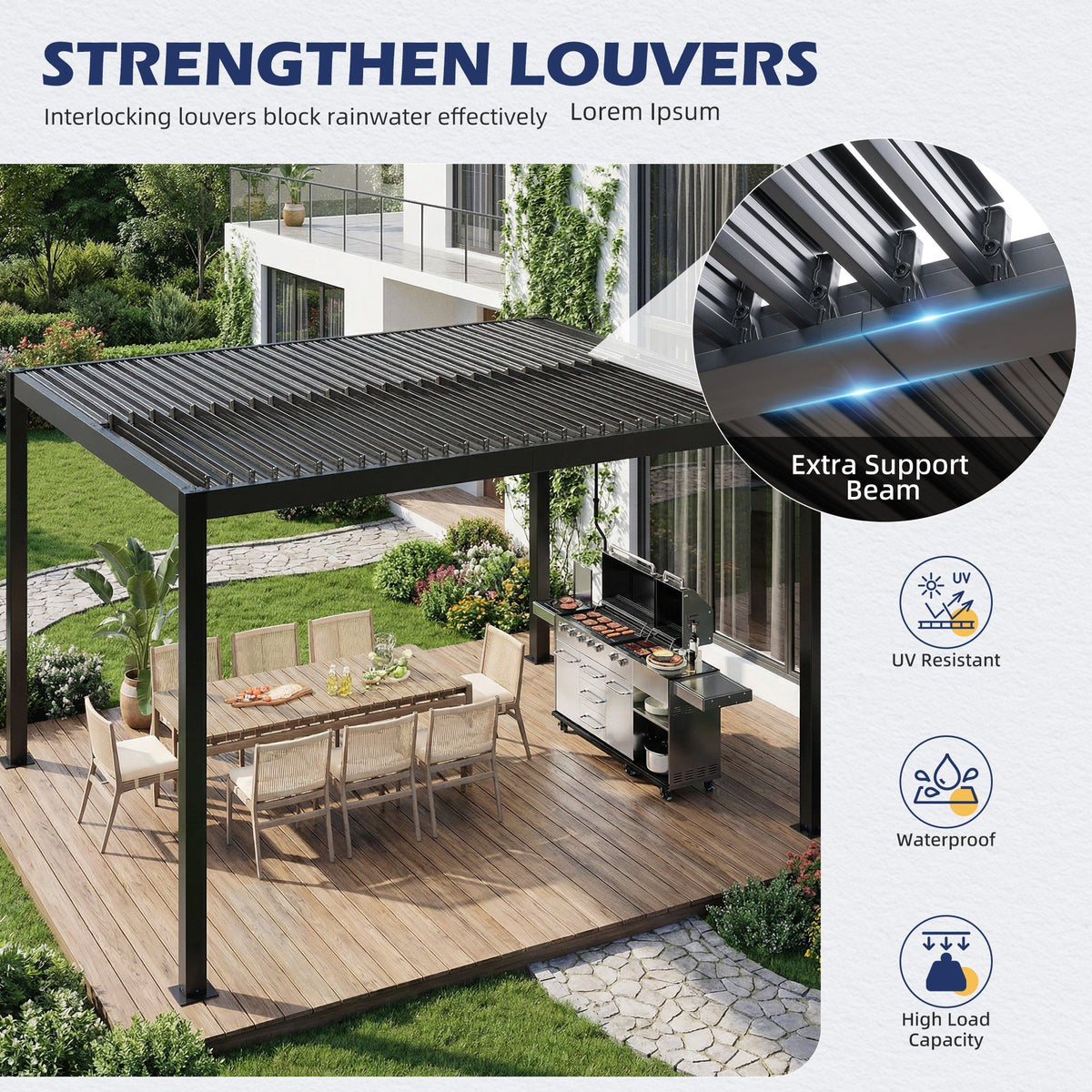 EROMMY 10' x 12' Outdoor Pergola with Adjustable Louvered Roof & Integrated Drainage, Heavy-Duty Metal Louvered Pergola for Patios, Black