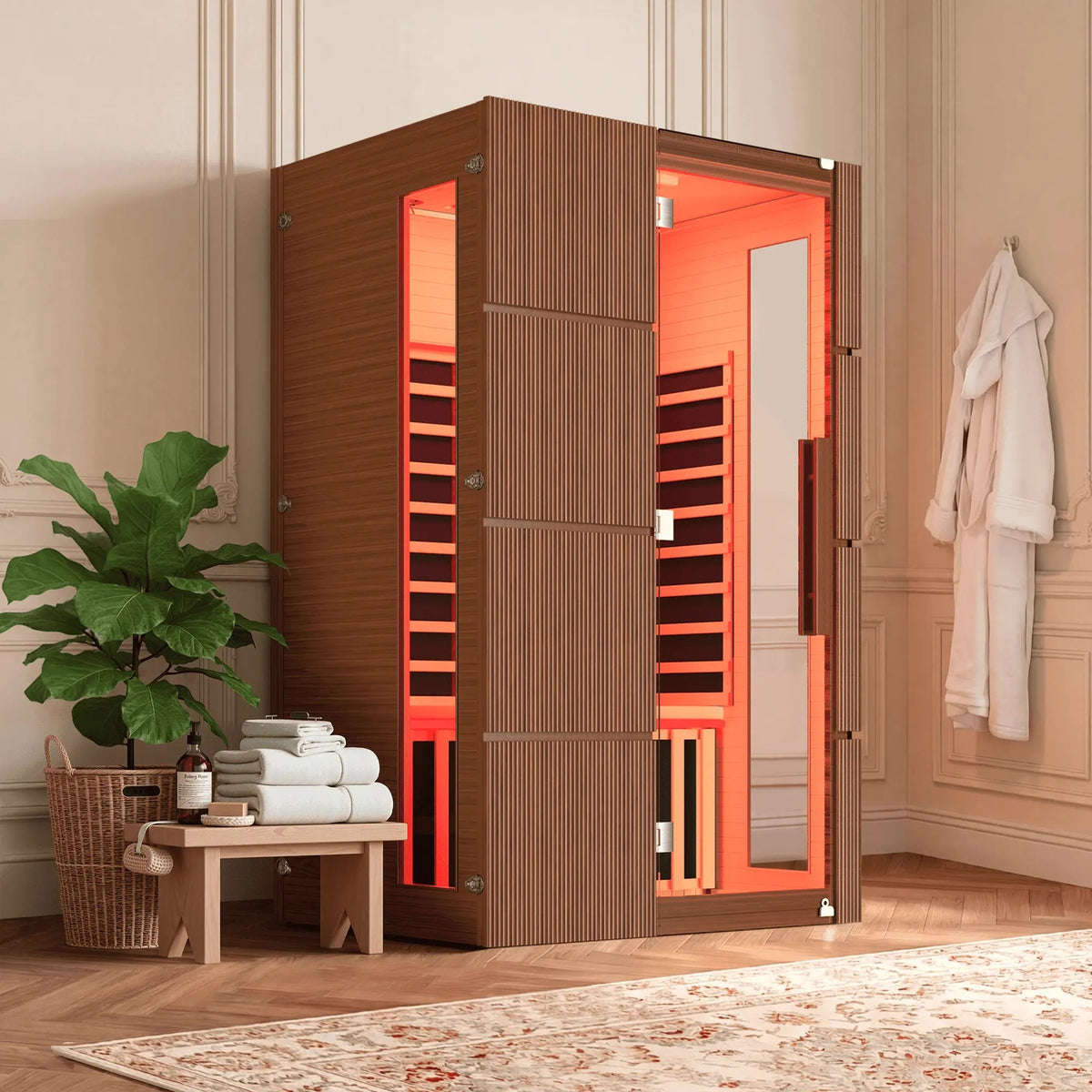 EROMMY 2-Person Indoor Infrared Sauna for Home, Far Infrared Sauna with Red Light Therapy, Chromotherapy Lighting, 6 Carbon Heaters & Bluetooth Speaker, Walnut
