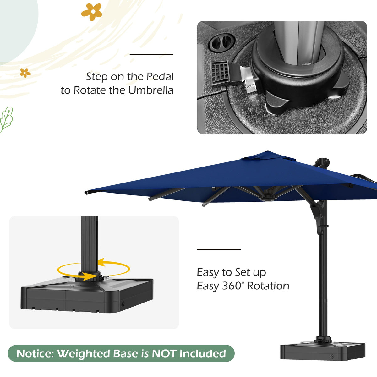 EROMMY 10 x 10 Outdoor Square Offset Umbrella with Sturdy Frame, Base Excluded - Navy