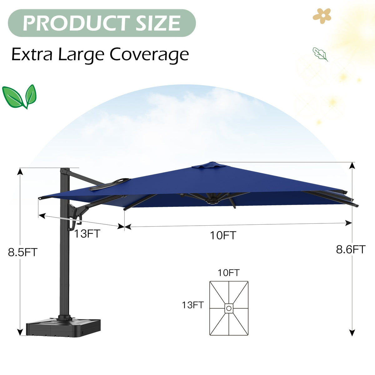 EROMMY 10 × 13 Cantilever Patio Umbrella, Base Excluded – Navy