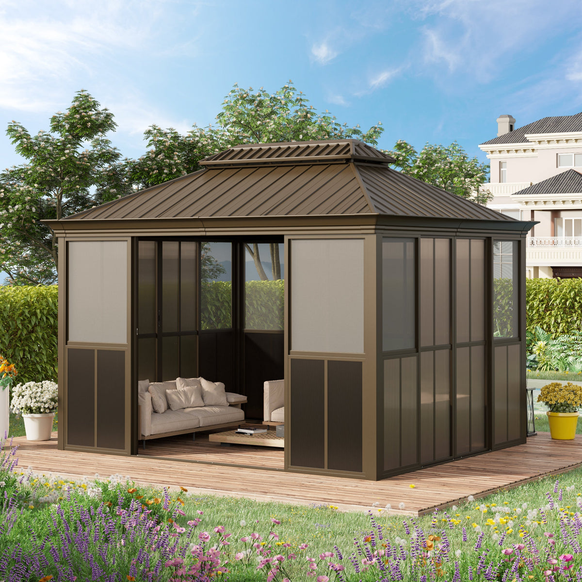EROMMY 10X12 Florida Sunroom for Backyard Greenhouse with Sliding Door – Brown