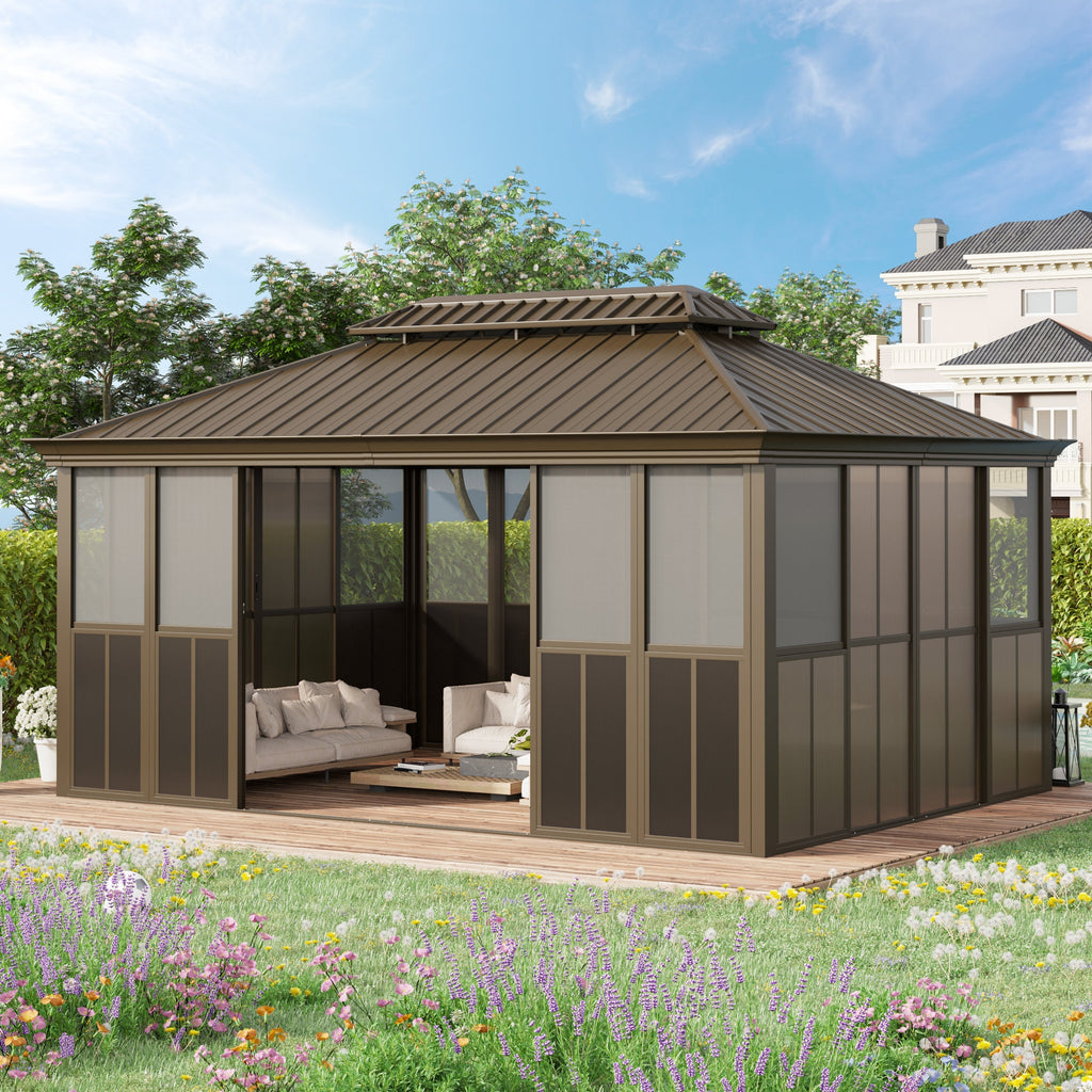 EROMMY 12X16 Enclosed Gazebo for All Season with Sliding Door – Brown