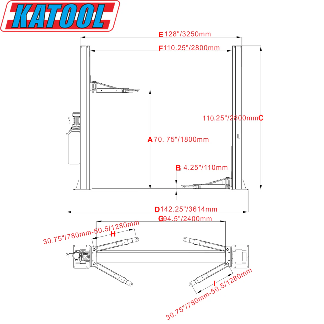 H100 Two Post Vehicle Lift 10,000 lbs By KaTool