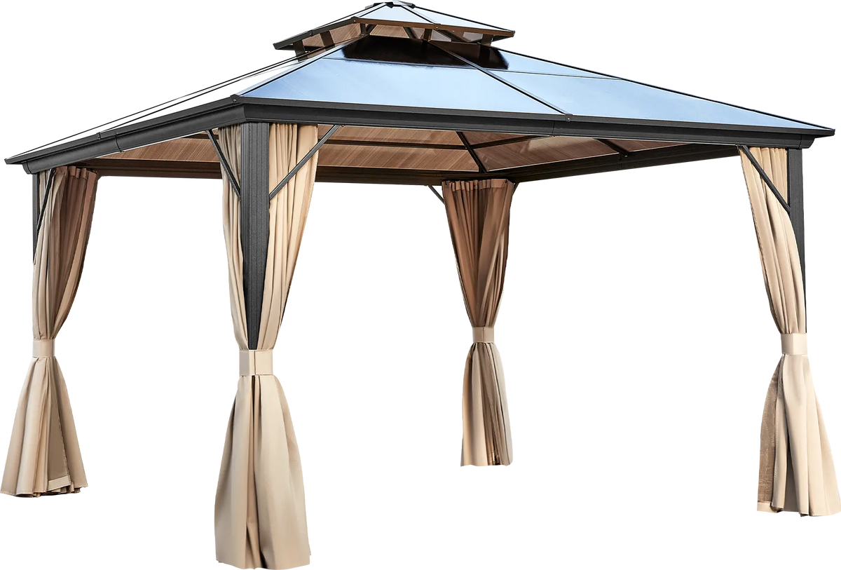 EROMMY 12' x 16' Patio Hardtop Gazebos Canopy Polycarbonate Double-Roof w/ Netting & Curtains
