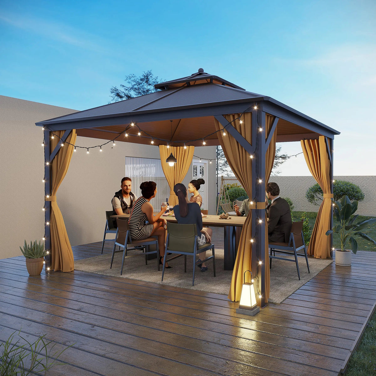 EROMMY 12' x 12' Hardtop Gazebo Canopy Galvanized Steel Pergolas with Netting & Curtains