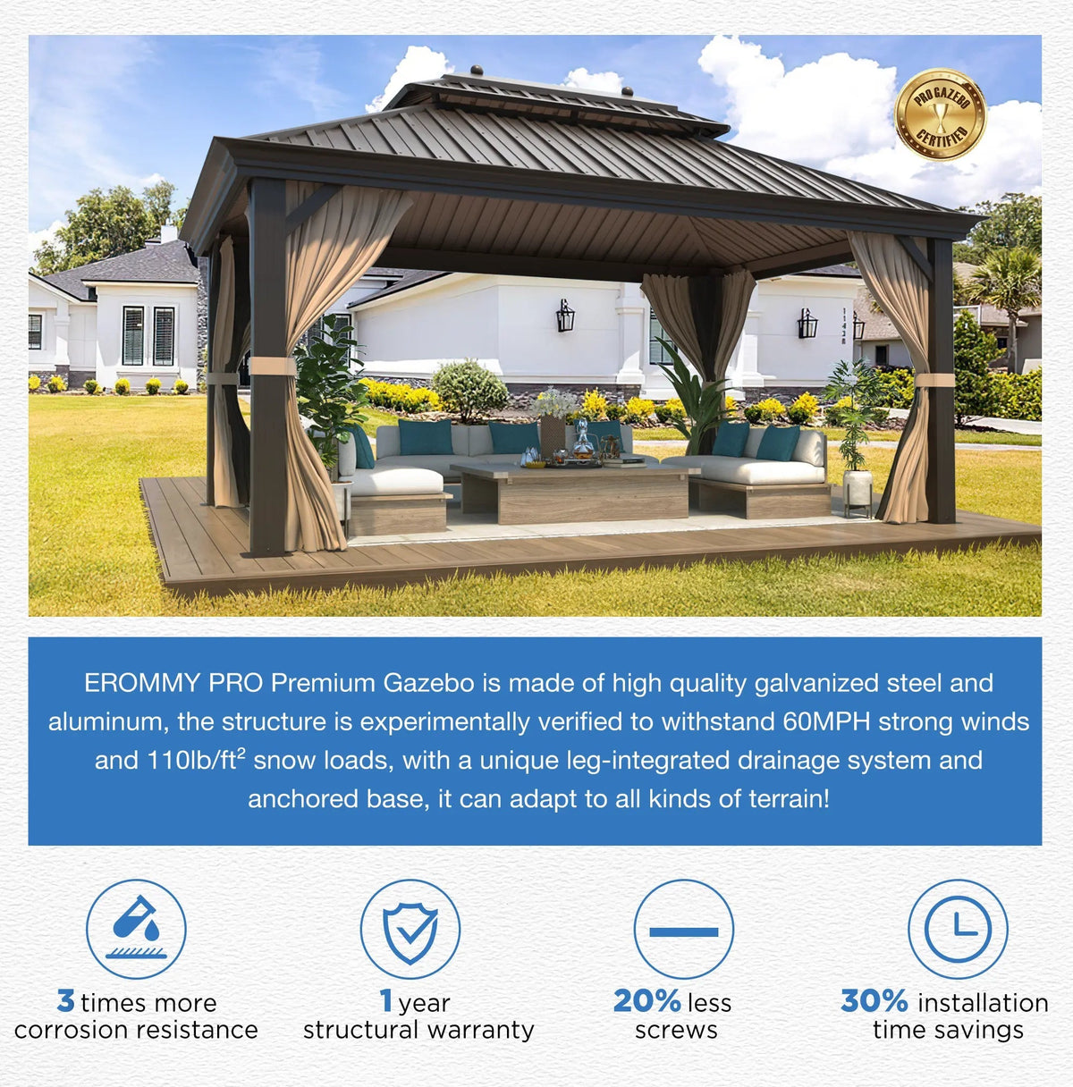 EROMMY 10' x 12' Deluxe Hardtop Gazebo with Galvanized Steel Roof and Mosquito Net, Permanent Pavilion Gazebo with Aluminum Frame