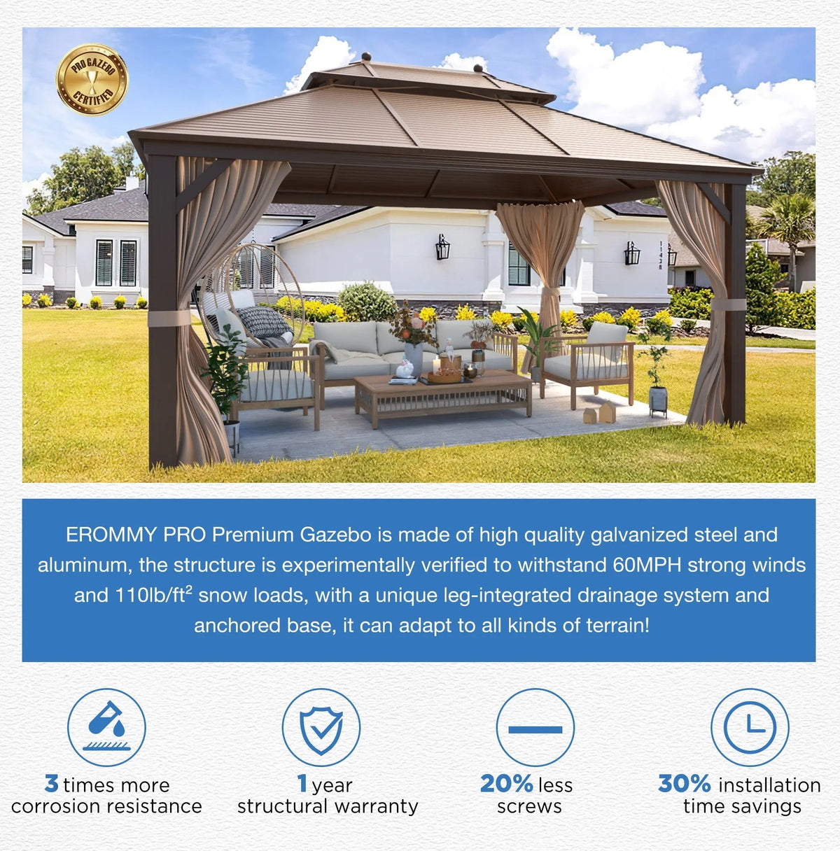 EROMMY 12' x 12' Hardtop Gazebo Canopy Galvanized Steel Pergolas with Netting & Curtains