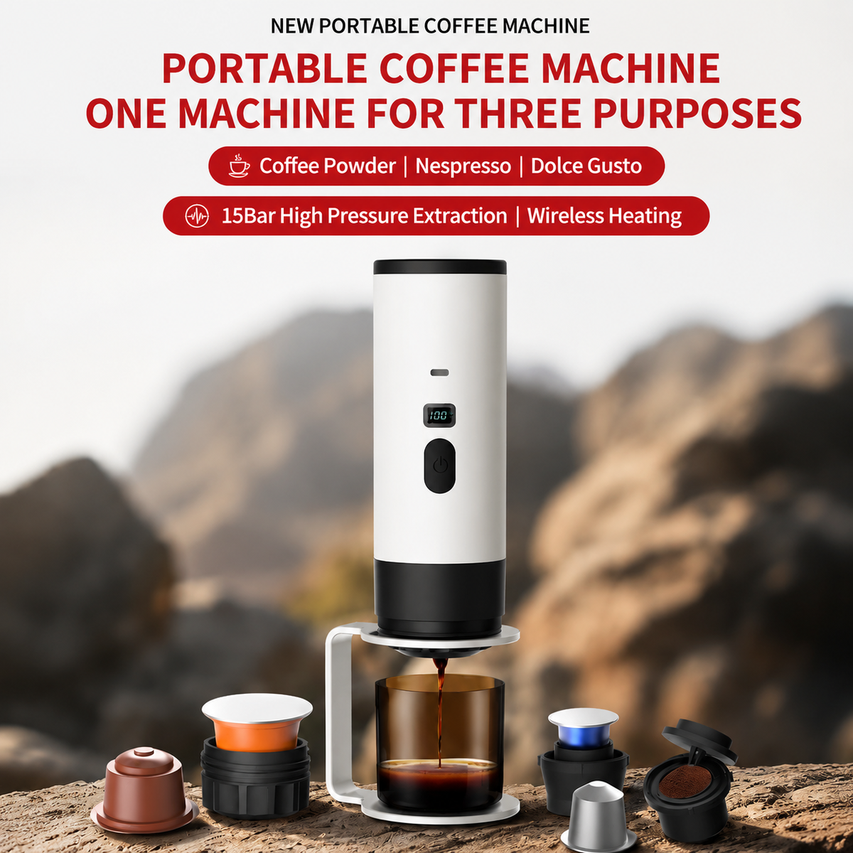 Premium 15 Bar Portable Espresso Machine Wireless Coffee Maker 3 in 1 Capsule Ground Self Heating Rechargeable Travel Espresso Coffee Maker