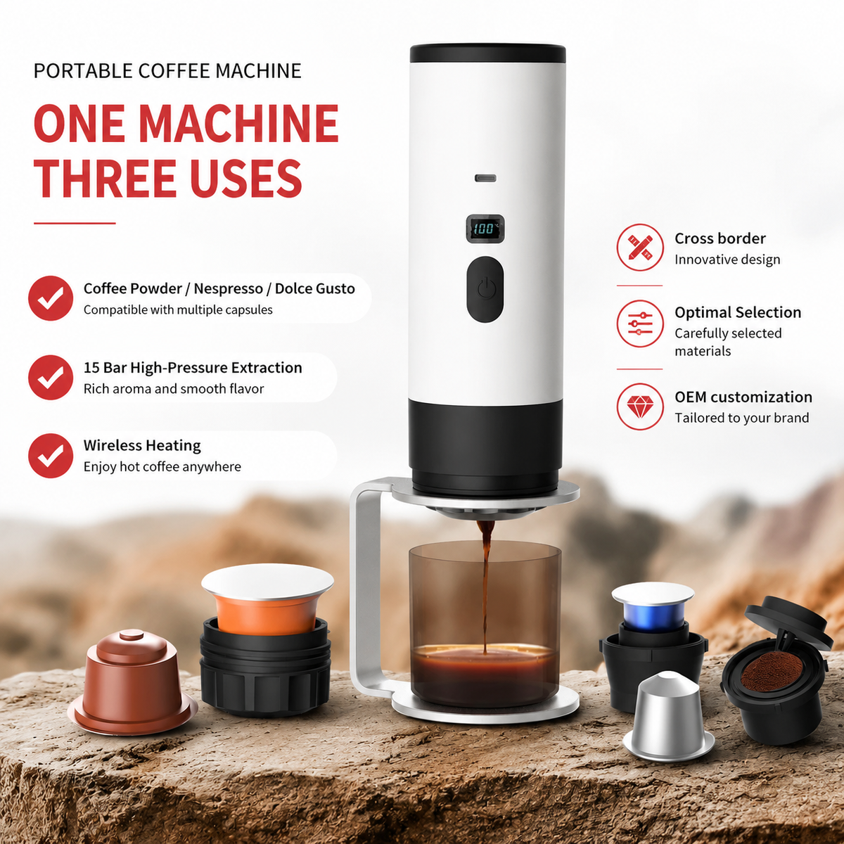 Premium 15 Bar Portable Espresso Machine Wireless Coffee Maker 3 in 1 Capsule Ground Self Heating Rechargeable Travel Espresso Coffee Maker