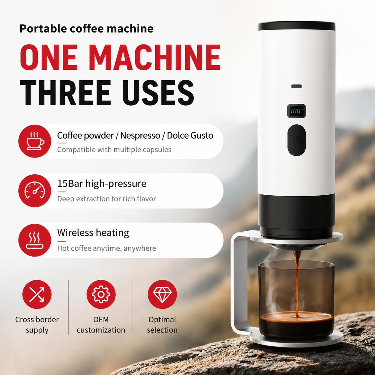 Premium 15 Bar Portable Espresso Machine Wireless Coffee Maker 3 in 1 Capsule Ground Self Heating Rechargeable Travel Espresso Coffee Maker