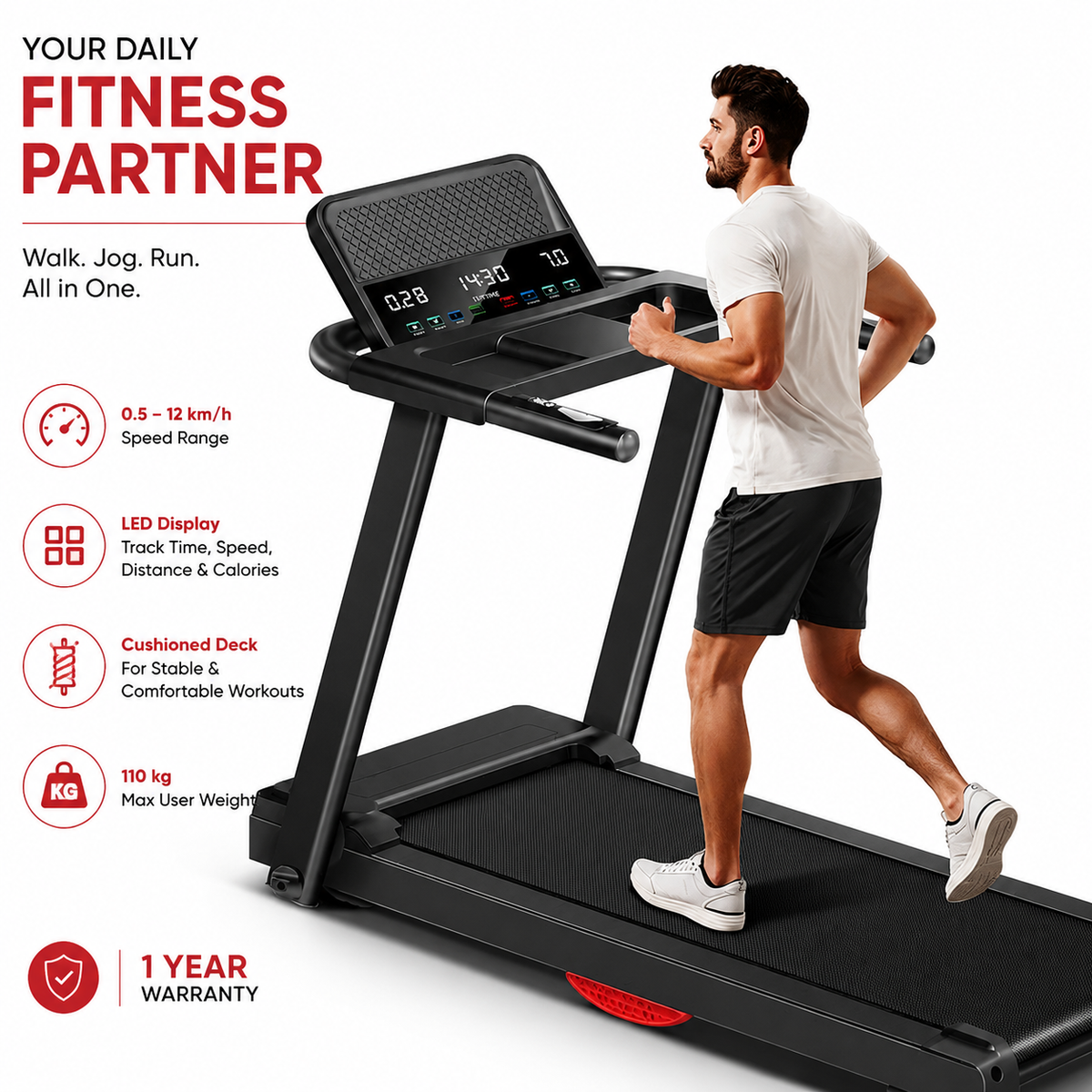 Premium 15% Incline Folding Treadmill 3.0HP Quiet Brushless Motor Dual Cushion Shock Absorption LED Display Home Cardio Walking Machine
